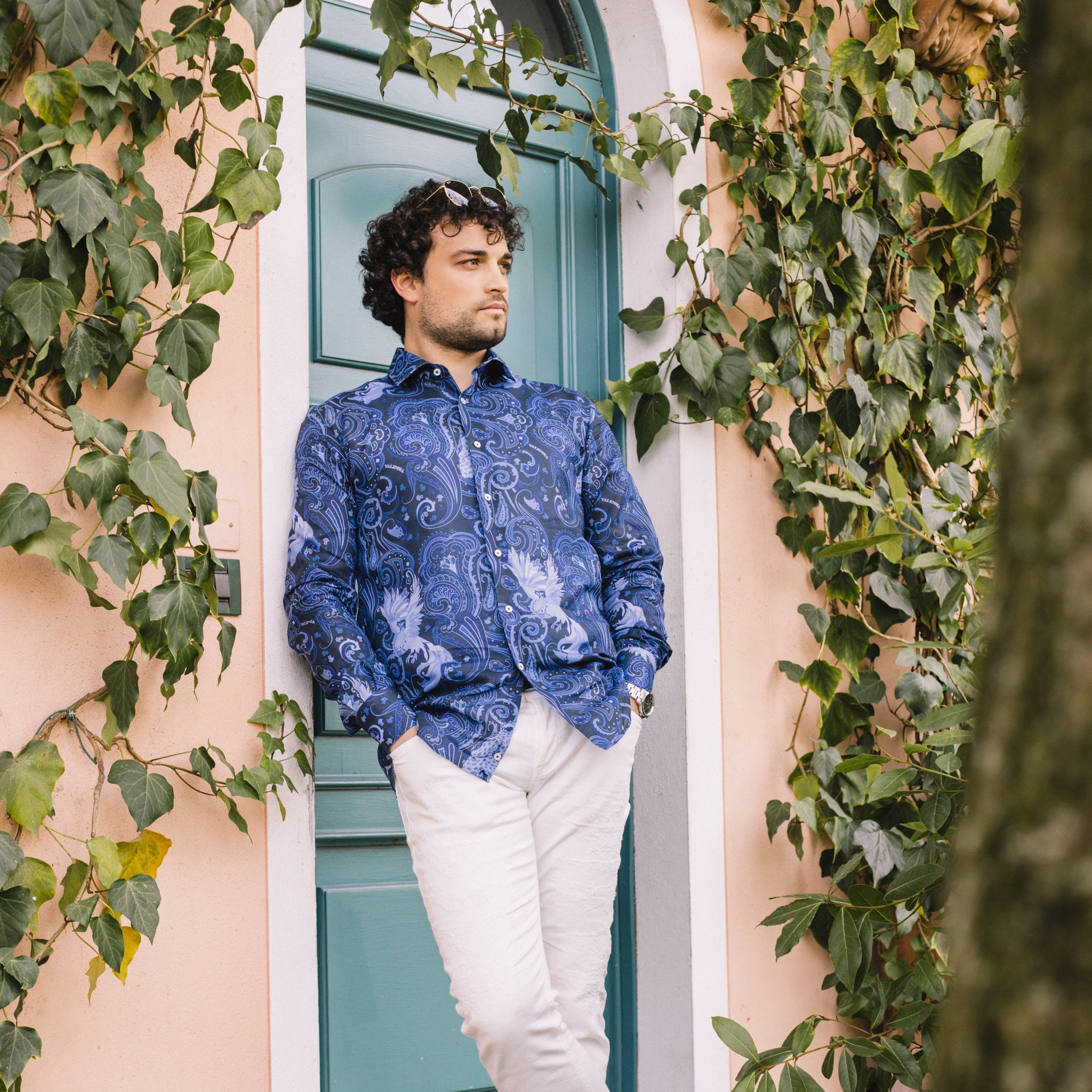 CAMICIA FANTASIA BLU MISTO LINO - VALENSIA MODA